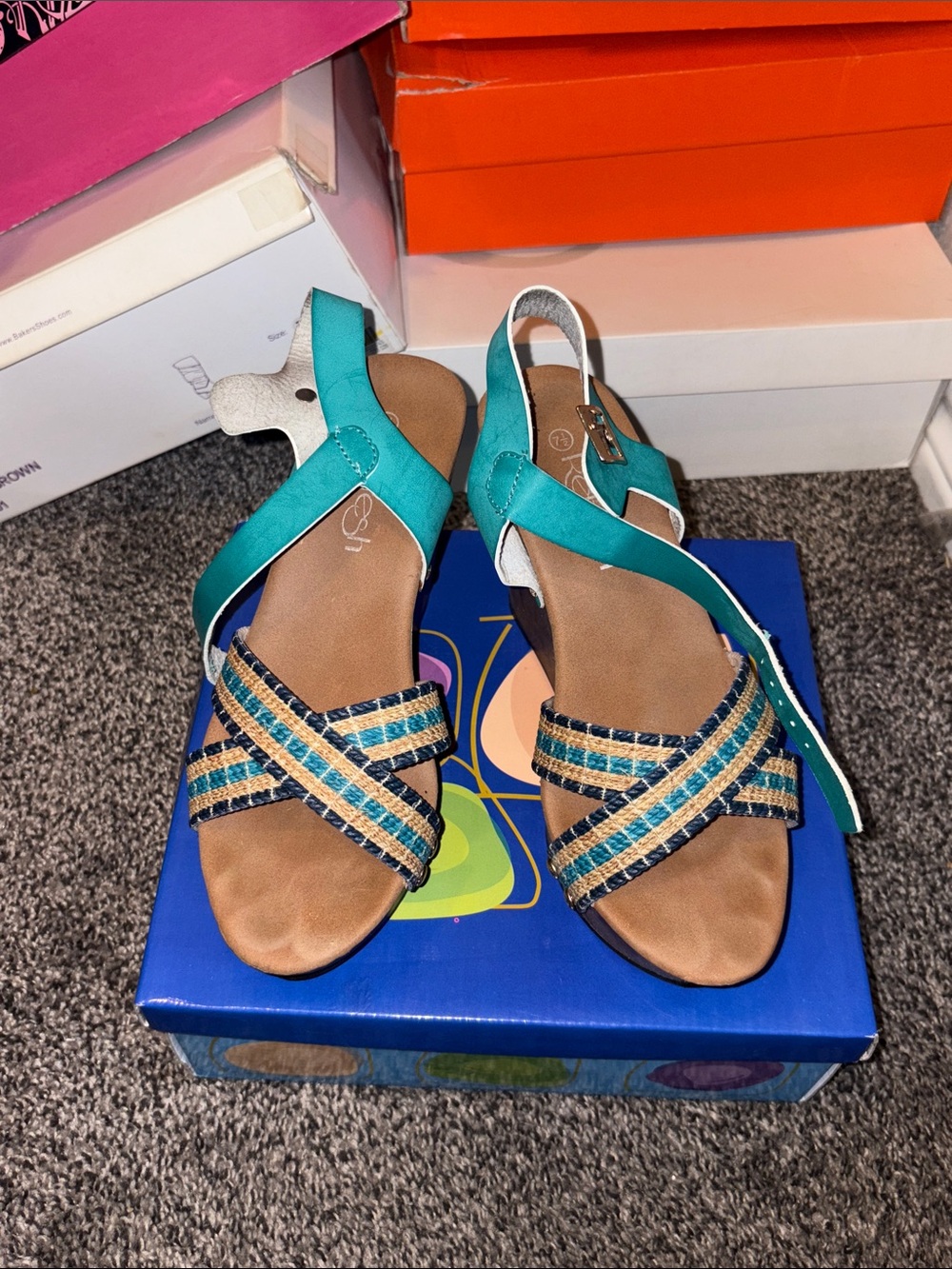 Refresh Teal and Tan Woven Strap Slingback Sandals